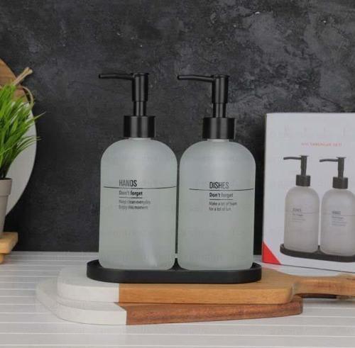 Cam Sıvı Sabunluk Deterjanlık Soft Renk Siyah Ahşap Standlı