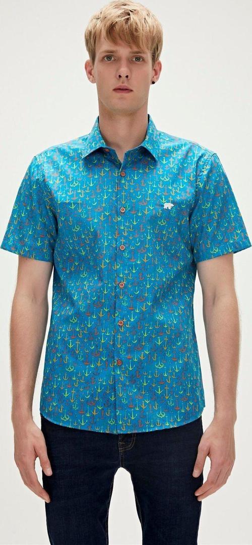 Anchor Shirt Mavi Kısa Kollu Baskılı Erkek Gömlek