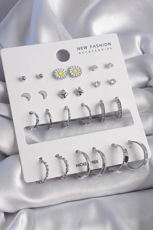 Gümüş Renk Zirkon Taş Detaylı 12 Çift Kadın Küpe Seti - EBJ261410W29097