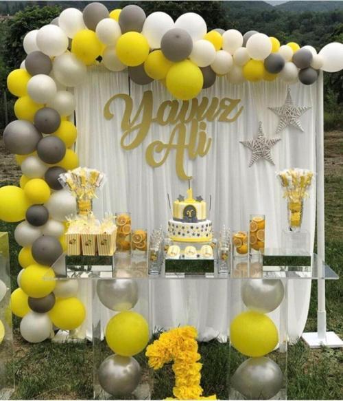 100 Adet Sarı Gri Beyaz Balon Ve Balon Zinciri