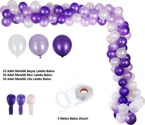 125 Adet Mor Lila Beyaz Metalik Balon Kombin Balon Zinciri Seti