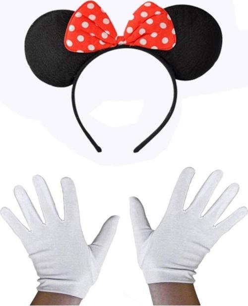 Kırmızı Fiyonklu Minnie Mouse Tacı Ve Beyaz Eldiven Seti