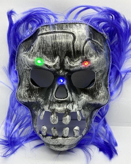 Mor Saçlı Led Işıklı Kuru Kafa Iskelet Korku Maskesi 22X25 Cm