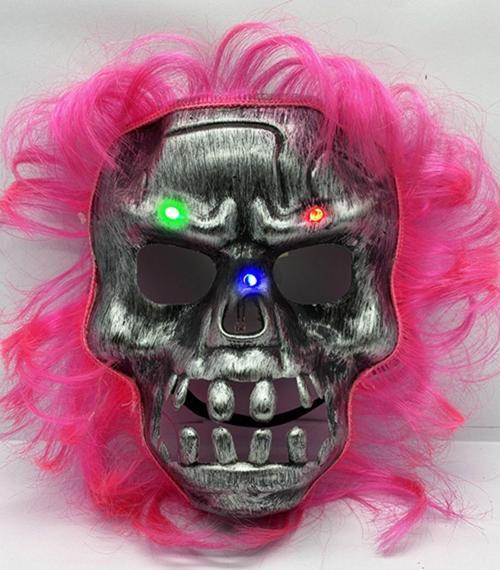 Pembe Saçlı Led Işıklı Kuru Kafa Iskelet Korku Maskesi 22X25 Cm