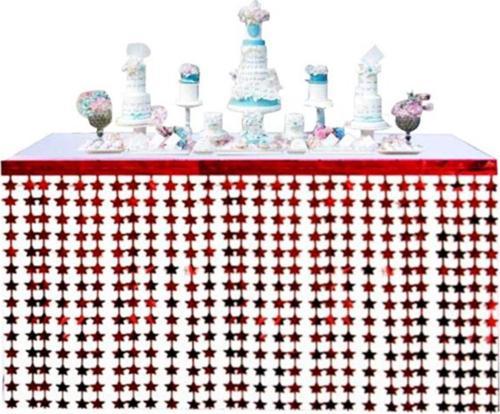 Püsküllü Işıltılı Metalize Kırmızı Yıldızlı Masa Eteği 75X360 Cm