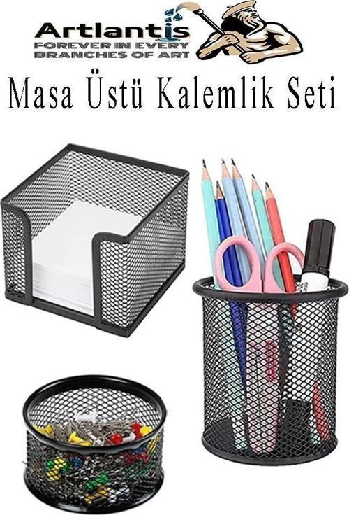 Masa Üstü Siyah Fileli Kalemlik Seti 3 Parça 1 Paket 3 lü Masa Üstü Düzenleyici Kalemlik Küp Notluk Ataşlık