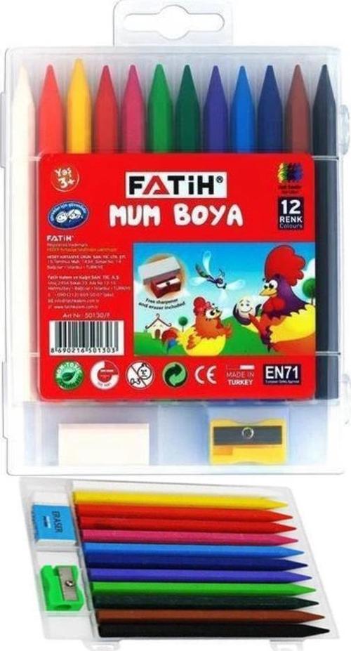 Mum Boya 12 Renk Uzun Üçgen Tutuş 1 Paket Plastik Kutulu Silinebilir Fatih Mumu Boya Silgi Kalemtıraş