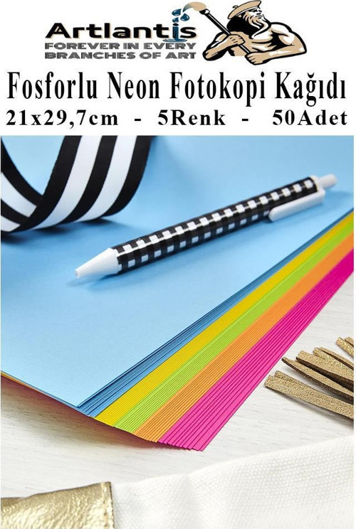 Neon Fosforlu Renkli A4 Fotokopi Kağıdı 50 li 1 Paket 50 Adet Fosforlu 5 Renk Parlak Canlı Renkler Fotokopi Kağıdı 2