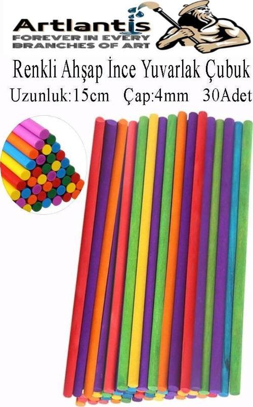 Renkli İnce Ahşap Yuvarlak Çubuk 15 cm 30 lu 1 Paket Okul Öncesi Sınıf Tasarım Etkinlik Hobi