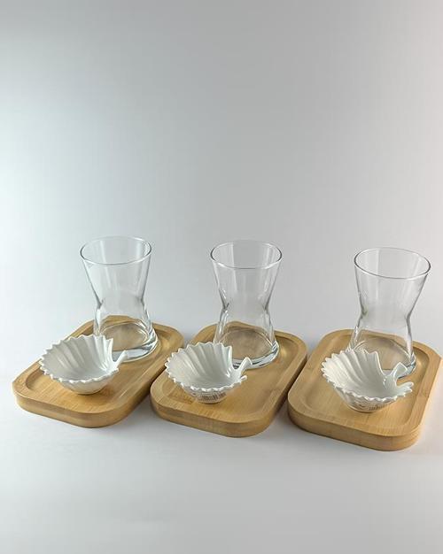 Bambu Altlıklı Çay Bardağı Seti - Lokumluklu Çay Takımı - 3 Kişilik Set, 9 Parça