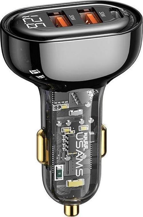 US-CC159 80W (Type-C+USB) Üç Bağlantı Noktalı Hızlı Araç Şarj Soketi-Siyah