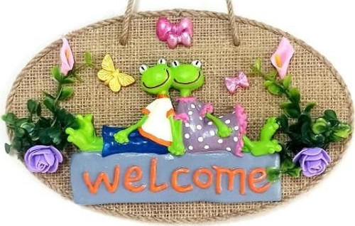 Yeşil Sevimli Kurbağa Çift Welcome Yazılı Kelebekli Kapı Süsü