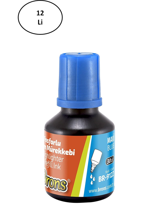 30 Ml Fosforlu Kalem Mürekkebi Mavi 12'Li