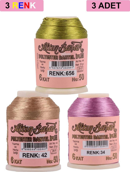 3 Adet Altınbaşak Oya Ve Dantel İpi 20 Gr - Royaleks - No: 042 - 034 - 656