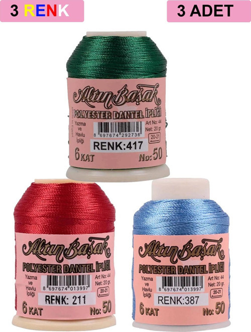 3 Adet Altınbaşak Oya Ve Dantel İpi 20 Gr - Royaleks - No: 211 - 387 - 417