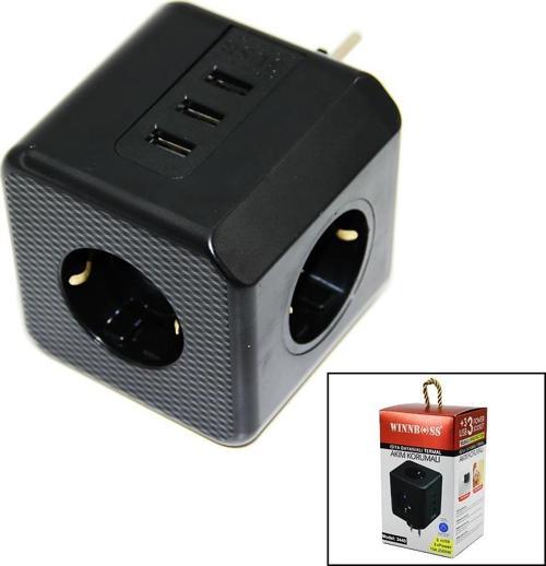 Termal Akım Korumalı 3X Priz 3X Usb Duvar Tipi Priz Siyah 10A - 2500W (4741)