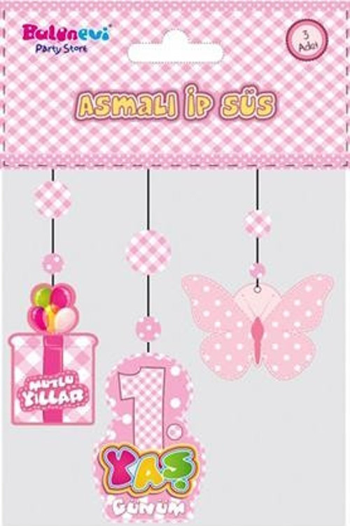 1 Yaş Temalı Asmalı İp Süs Pembe Renk 3 Lü Set 12X45 Cm (4741)