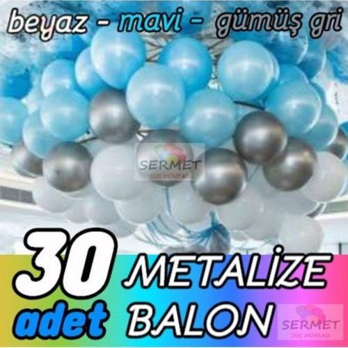30 Adet Metalik Balon (Mavi+Beyaz+Gri) Parlak Balon Metalize Balon