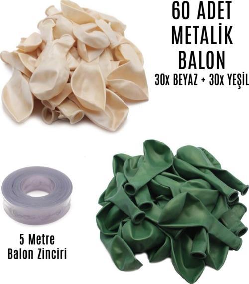 60 Adet Beyaz Ve Yeşil Karışık Metalik Balon 5 Metre Balon Zinciri