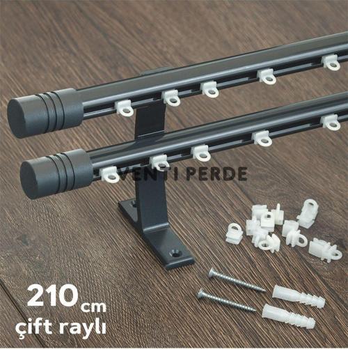 Antrasit Kornişli Metal Rustik Venti 20 mm Çift Raylı Perde Askısı, Rustik Borusu, Metal Korniş Antrasit 210
