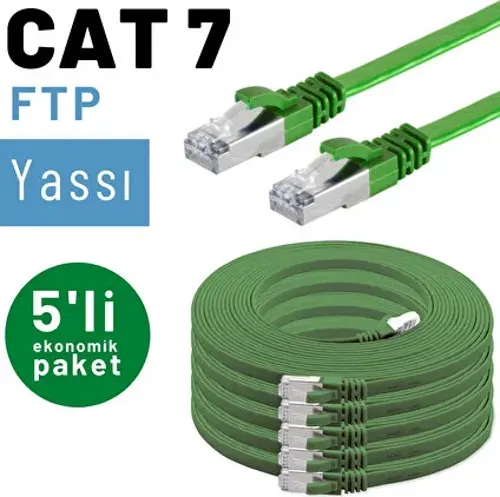 5 adet 1 metre  IRENIS CAT7 Kablo Yassı FTP Ethernet Network LAN Kablosu, Yeşil