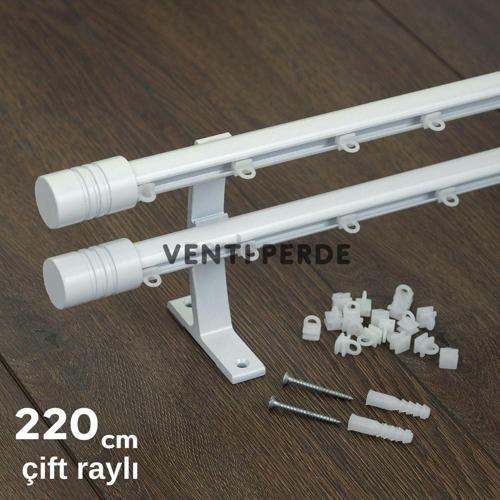 Beyaz Kornişli Metal Rustik Venti 20 mm Çift Raylı Perde Askısı, Rustik Borusu, Metal Korniş Beyaz 220