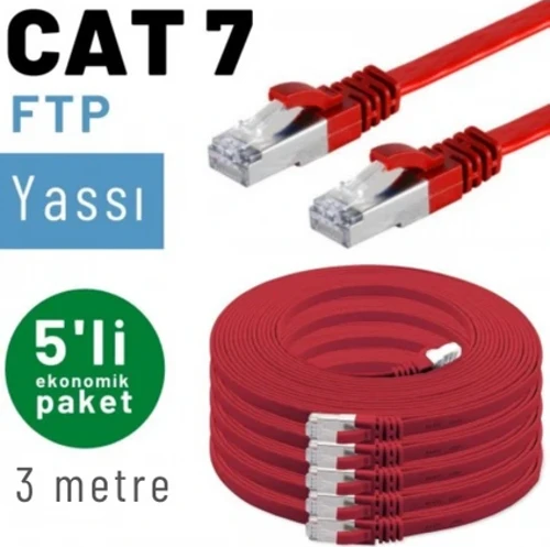 5 adet 3 metre IRENIS CAT7 Kablo Yassı FTP Ethernet Network LAN Kablosu, Kırmızı