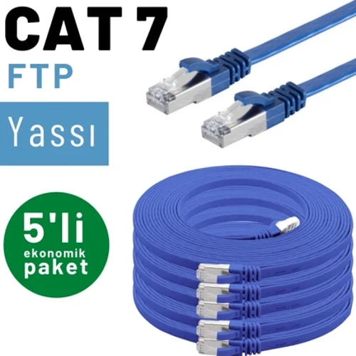 5 adet 3 metre IRENIS CAT7 Kablo Yassı FTP Ethernet Network LAN Kablosu, Mavi