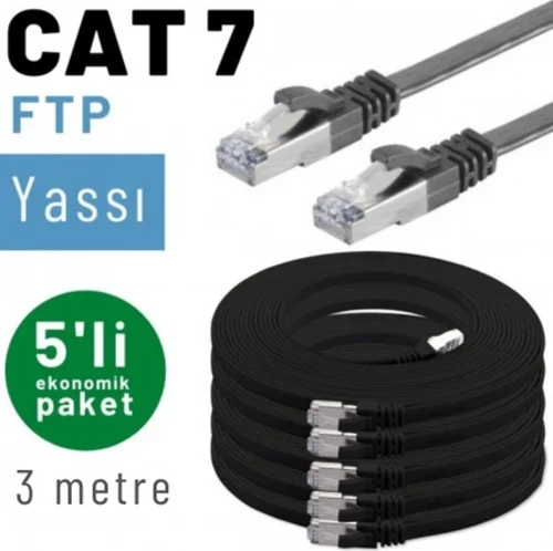 5 adet 3 metre IRENIS CAT7 Kablo Yassı FTP Ethernet Network LAN Kablosu, Siyah