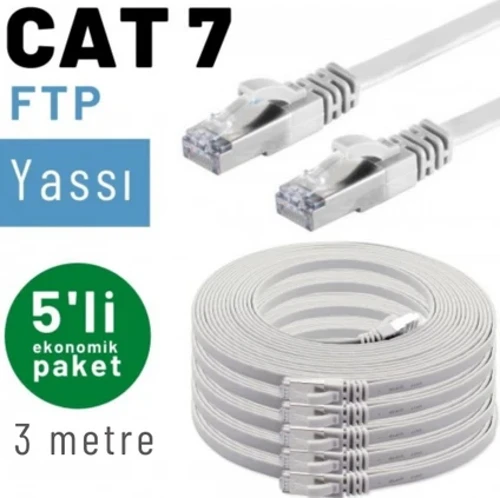 5 adet 3 metre IRENIS CAT7 Kablo Yassı FTP Ethernet Network LAN Kablosu, Beyaz
