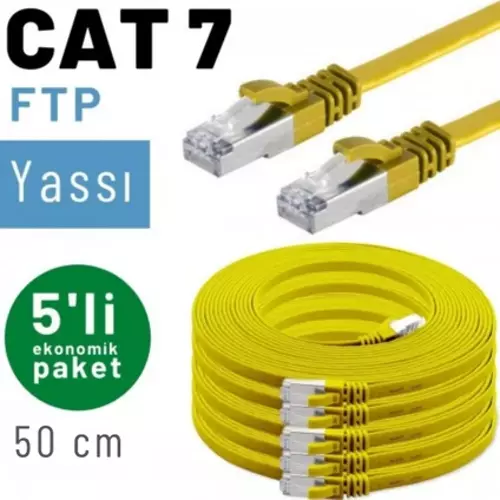 5 adet 50 cm IRENIS CAT7 Kablo Yassı FTP Ethernet Network LAN Kablosu, Sarı