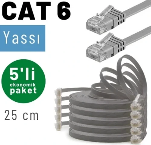 5 adet 25 cm CAT6 Kablo Yassı Ethernet Network Lan Ağ İnternet Kablosu
