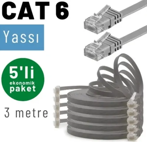 5 adet 3 metre CAT6 Kablo Yassı Ethernet Network Lan Ağ İnternet Kablosu