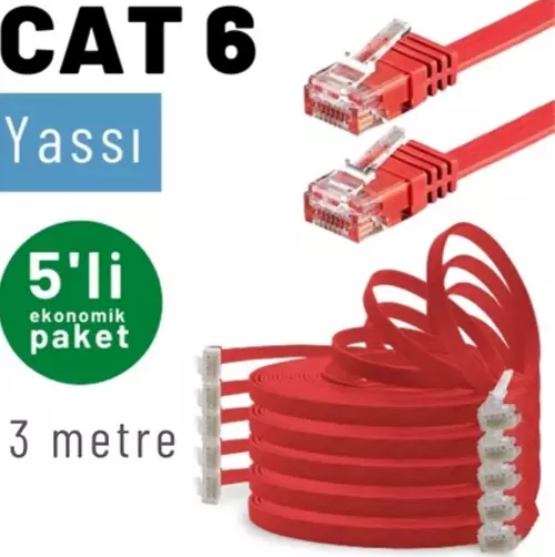 5 adet 3 metre CAT6 Kablo Yassı Ethernet Network Lan Ağ İnternet Kablosu