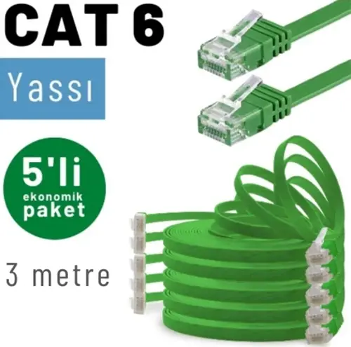 5 adet 3 metre CAT6 Kablo Yassı Ethernet Network Lan Ağ İnternet Kablosu