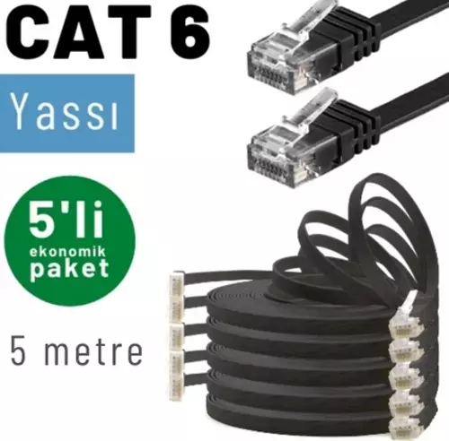 5 adet 5 metre CAT6 Kablo Yassı Ethernet Network Lan Ağ İnternet Kablosu