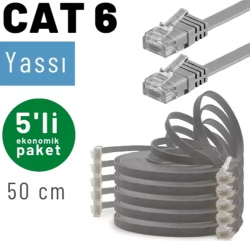 5 adet 50 cm CAT6 Kablo Yassı Ethernet Network Lan Ağ İnternet Kablosu