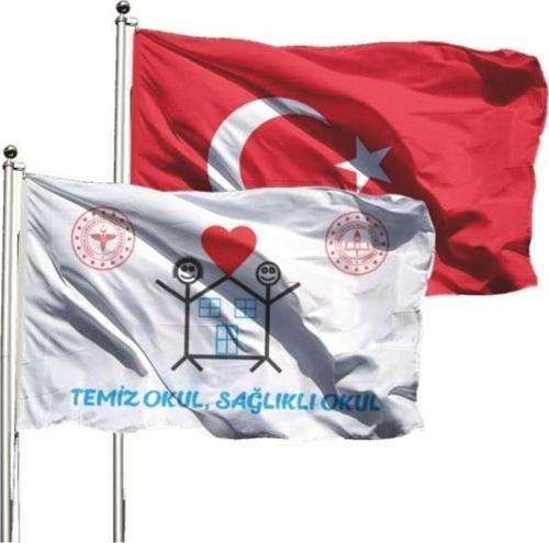Temiz Okul (Beyaz Bayrak) + Türk Bayrağı 100X150Cm Raşel Kumaş