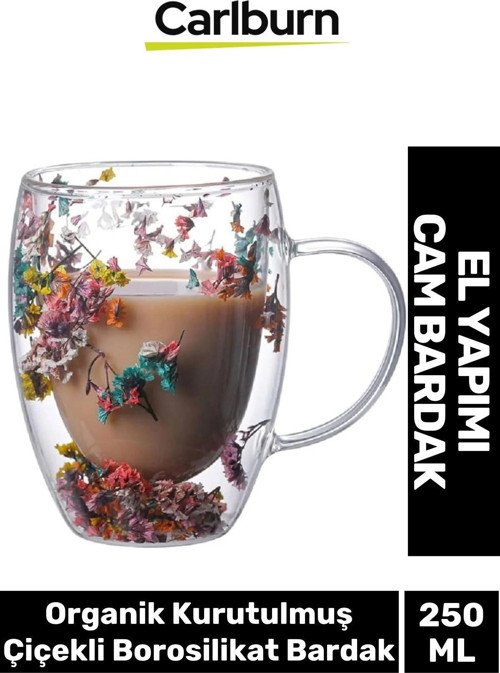 Özel El Yapımı Sıcak Soğuk Dayanıklı Süslü Organik Çiçekli Borosilikat Cam Handmade Bardak 250ml