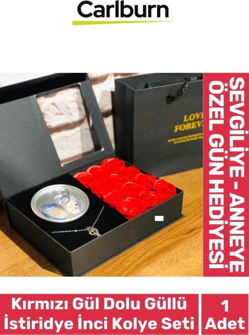 Özel Gün Hediye Sevgiliye Anneye Arkadaşa Kırmızı Gül Dolu Kutulu İstiridye İnci Kolye Seti