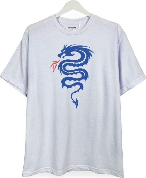 Dragon Ejderha Silüet Baskılı Unisex Bisiklet Yaka Tişört