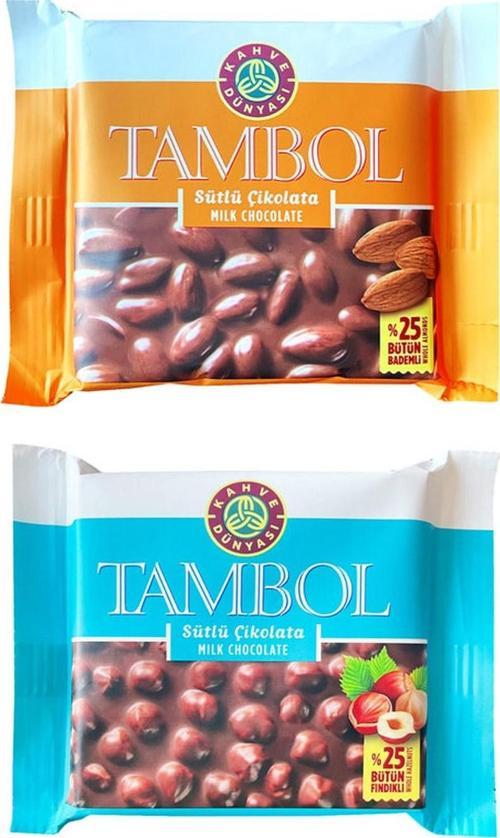 Tambol Tam Fındıklı Sütlü Çikolata ve Tambol Tam Bademli Sütlü Tablet Çikolata 77+77gr