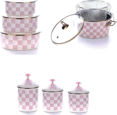 Emaye 3lü Saklama Kızartma Tenceresi ve 3lü Kavanoz Seti Pembe Dama Desen