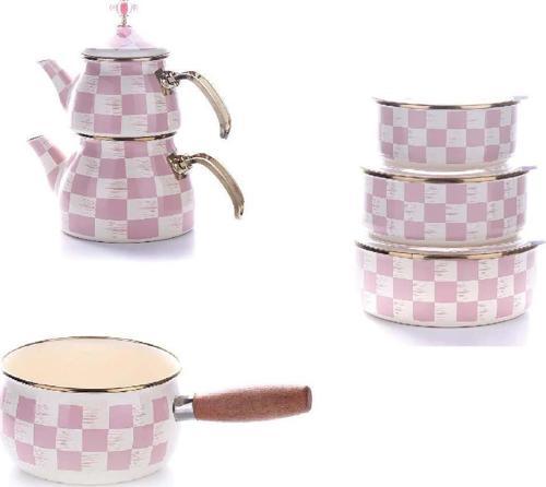 Emaye Çaydanlık 3lü Saklama Kabı ve 14 CM Sos Tavası Pembe Dama Desen