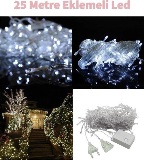 Fonksiyonlu Beyaz Eklemeli  25 Metre Dekor Led - Çam Ağacı Süsü Yılbaşı Süsü - Pirinç Led