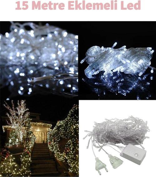 Fonksiyonlu Beyaz Eklemeli 15 Metre Dekor Led - Çam Ağacı Süsü Yılbaşı Süsü - Pirinç Led