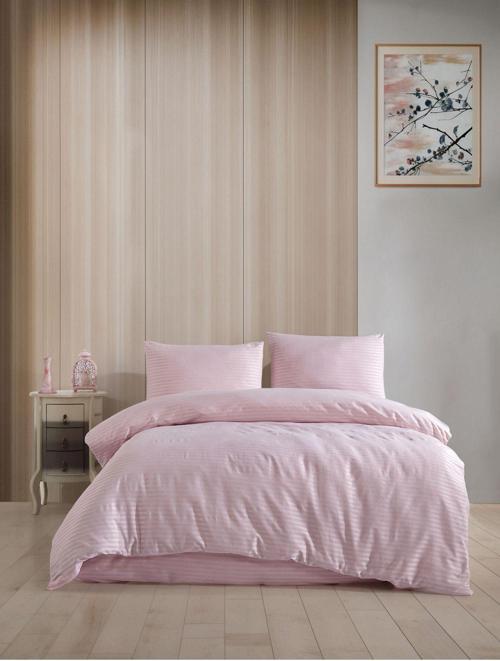 Baroque Pembe Çizgili Saten Çift Kişilik Nevresim Takımı