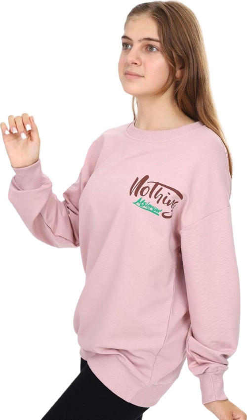Kız Çocuk Çift Taraf Nothing Yazı Desenli Oversize Pudra Sweatshirt