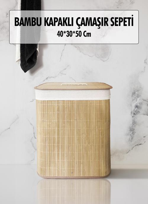 Katlanır Doğal Bambu Dikdörtgen Çamaşır  Kirli Sepeti (30*40*50 Cm) 3131000001944