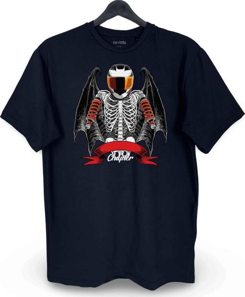 Motorcu İskelet Baskılı Unisex Bisiklet Yaka Tişört
